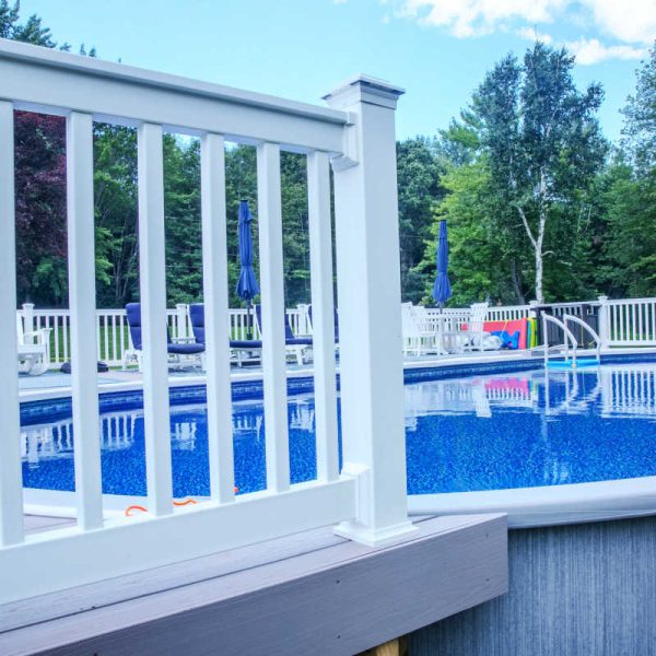 Close up of above ground pool deck railing